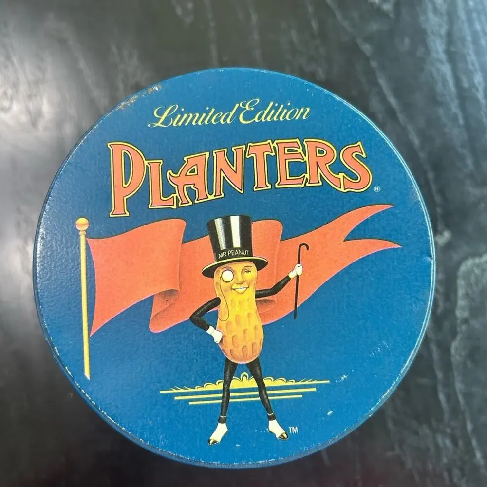 Blue Decorative Tin- Retro Mr. Peanut Planters- 6.75x5
